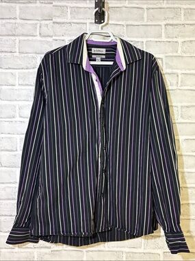 le chateau Black Dress Shirt with Purple and White Pinstripes, 16.5-17 neck LG